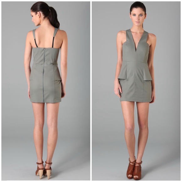 MICHELLE MASON | Designer Olive Green Mini Peplum dress - Picture 2 of 10